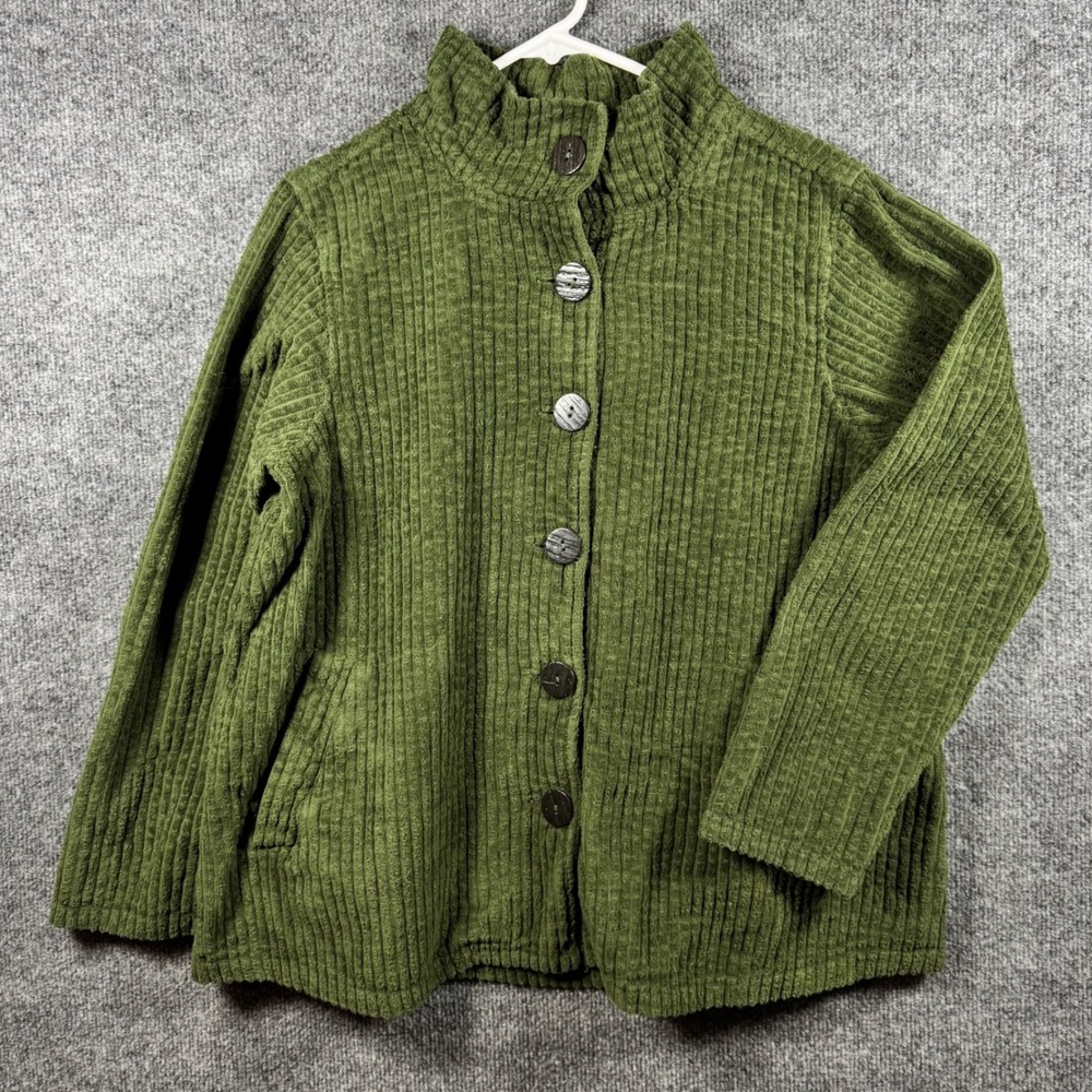 CMC Color Me Cotton Moss Green Textured Ribbed Button Front Jacket Large USA